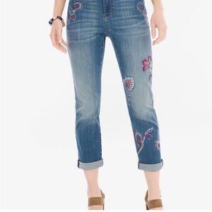Chico's Embroidered Cropped Jeans in Medium Blue with Pink Accents